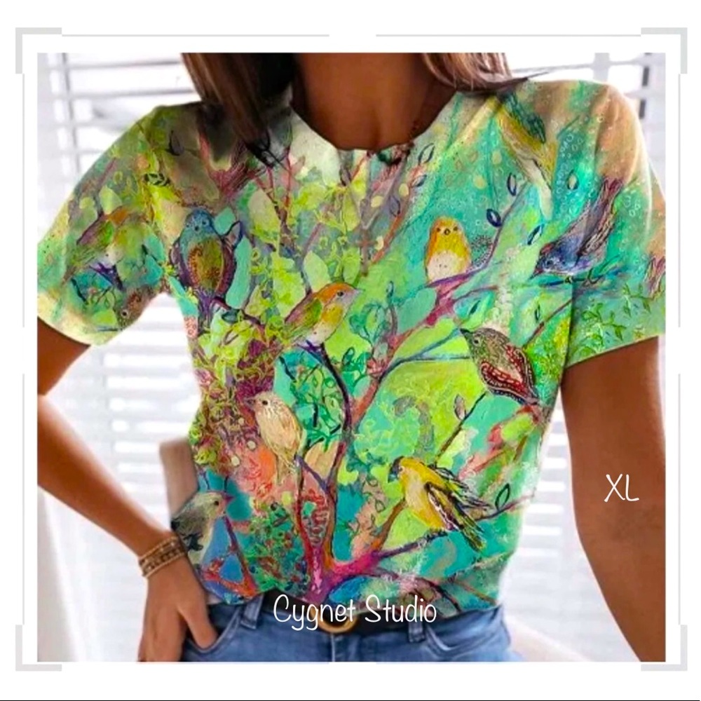 Birds on Branch Crew Neck Cotton-Blend Casual Top